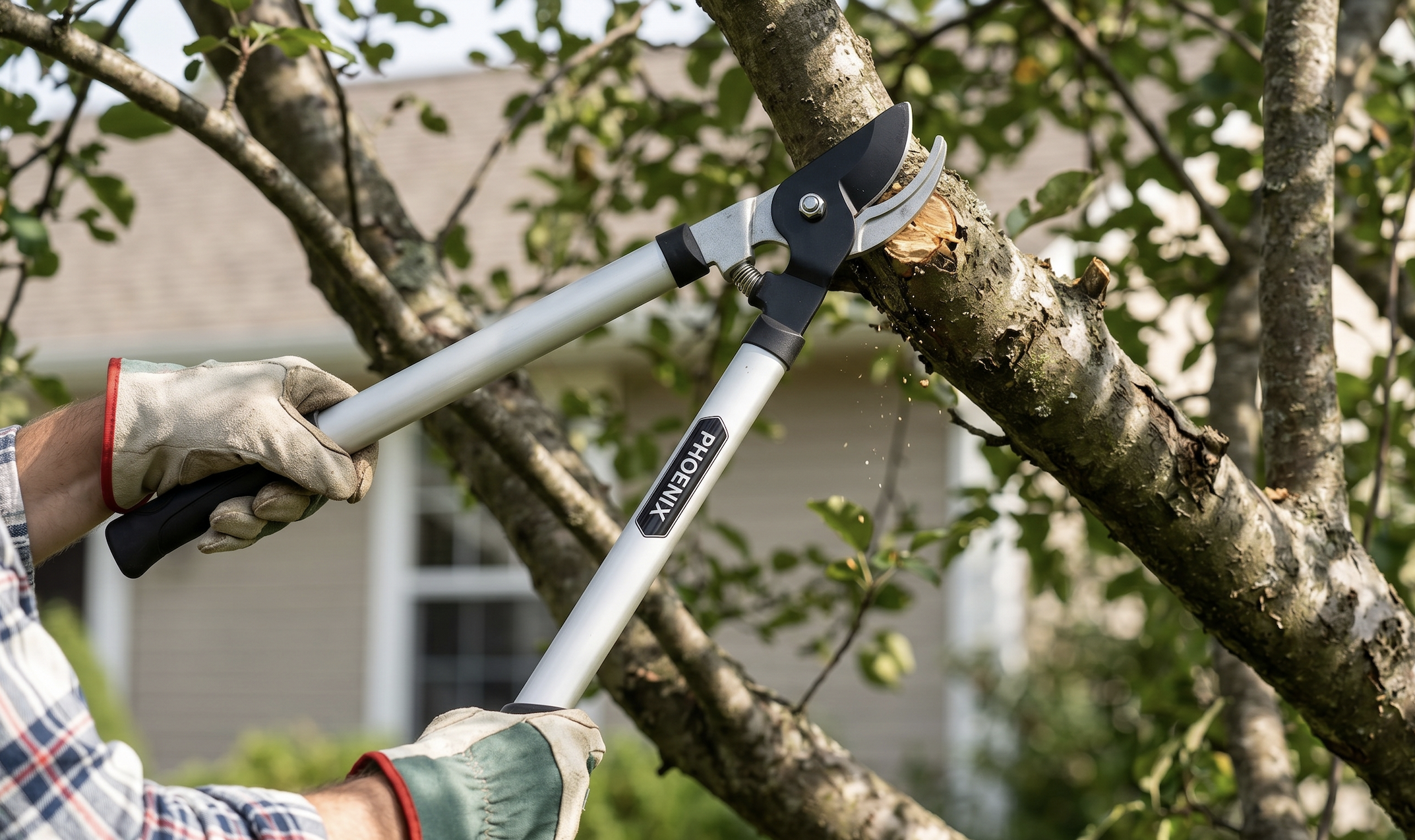 A person using heavy-duty tree loppers to prune a garden tree branch.